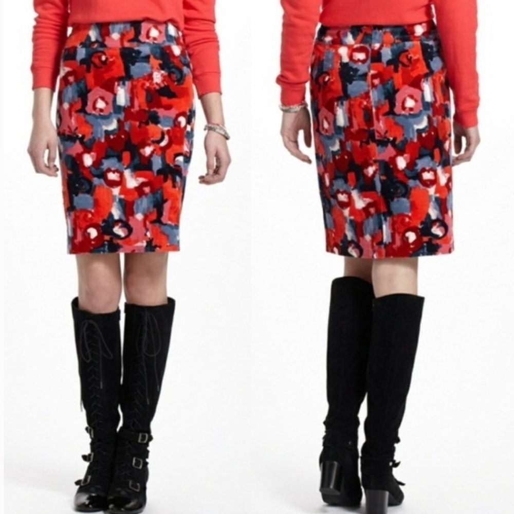 Anthropologie Vanessa & Virginia Womens 4 Red Painterly Corduroy Floral Skirt